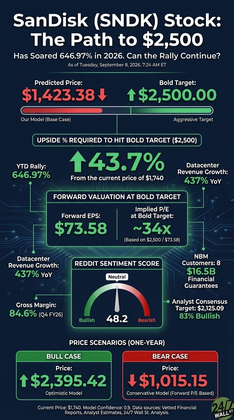 An infographic on a dark blue background titled 'SanDisk (SNDK) Stock: The Path to $2,500'. The main section shows a Predicted Price of $1,423.38 (down arrow) and a Bold Target of $2,500.00 (up arrow). Below, 'UPSIDE % REQUIRED TO HIT BOLD TARGET ($2,500)' is shown as an up arrow 43.7% from the current price of $1,740. Key metrics include a YTD Rally of 646.97% and Datacenter Revenue Growth of 437% YoY. A 'FORWARD VALUATION AT BOLD TARGET' section shows a Forward EPS of $73.58 and an Implied P/E at Bold Target of ~34x. Below this, a 'REDDIT SENTIMENT SCORE' gauge indicates Neutral with a score of 48.2, positioned between Bullish and Bearish. Other data points include a Gross Margin of 84.6% (Q4 FY26), 8 NBM Customers, $16.5B Financial Guarantees, and an Analyst Consensus Target of $2,125.09 with 83% Bullish sentiment. The 'PRICE SCENARIOS (ONE-YEAR)' section presents a Bull Case price of an up arrow $2,395.42 (Optimistic Model) and a Bear Case price of a down arrow $1,015.15 (Conservative Model (Forward P/E Based)). The footer notes the Current Price of $1,740, Model Confidence of 0.9, and data sources.