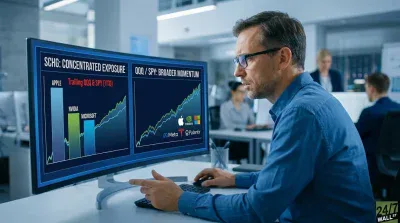 A man in a blue button-up shirt and glasses looks intently at a wide computer monitor displaying financial data. The left side of the screen shows a bar chart comparing Apple, NVIDIA, and Microsoft, labeled 'SCHG: CONCENTRATED EXPOSURE'. The right side features a line graph with company logos including Apple, NVIDIA, Microsoft, Meta, Tesla, and Palantir, labeled 'QQQ / SPY: BROADER MOMENTUM'. The man's left hand is pointing towards the screen as his right hand rests on a keyboard.