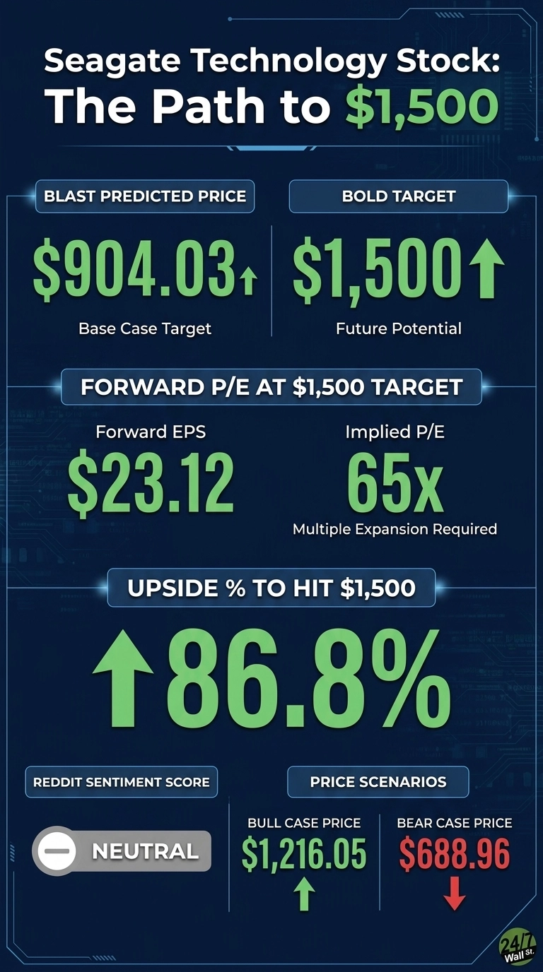 An infographic titled 'Seagate Technology Stock: The Path to $1,500' on a dark blue background with abstract circuit patterns. Key data points are presented in distinct sections: 'BLAST PREDICTED PRICE' shows '$904.03' as the Base Case Target, 'BOLD TARGET' shows '$1,500' as Future Potential, both with green up arrows. 'FORWARD P/E AT $1,500 TARGET' displays 'Forward EPS $23.12' and 'Implied P/E 65x', noting 'Multiple Expansion Required'. 'UPSIDE % TO HIT $1,500' is '86.8%' with a large green up arrow. 'REDDIT SENTIMENT SCORE' is 'NEUTRAL' with a gray minus sign icon. 'PRICE SCENARIOS' include 'BULL CASE PRICE $1,216.05' with a green up arrow and 'BEAR CASE PRICE $688.96' with a red down arrow. The bottom right features a '24/7 Wall St.' logo.