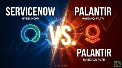 A graphic depicting a showdown between ServiceNow and Palantir. The left side, in blue, features 'SERVICENOW' with 'NYSE: NOW' and its circular arrow logo. The right side, in red, displays 'PALANTIR' with 'NASDAQ: PLTR' and its nested circle with a downward arrow logo. A bright, explosive 'VS.' symbol is at the center, dividing the two. Faint stock chart patterns are visible in the background on both sides.