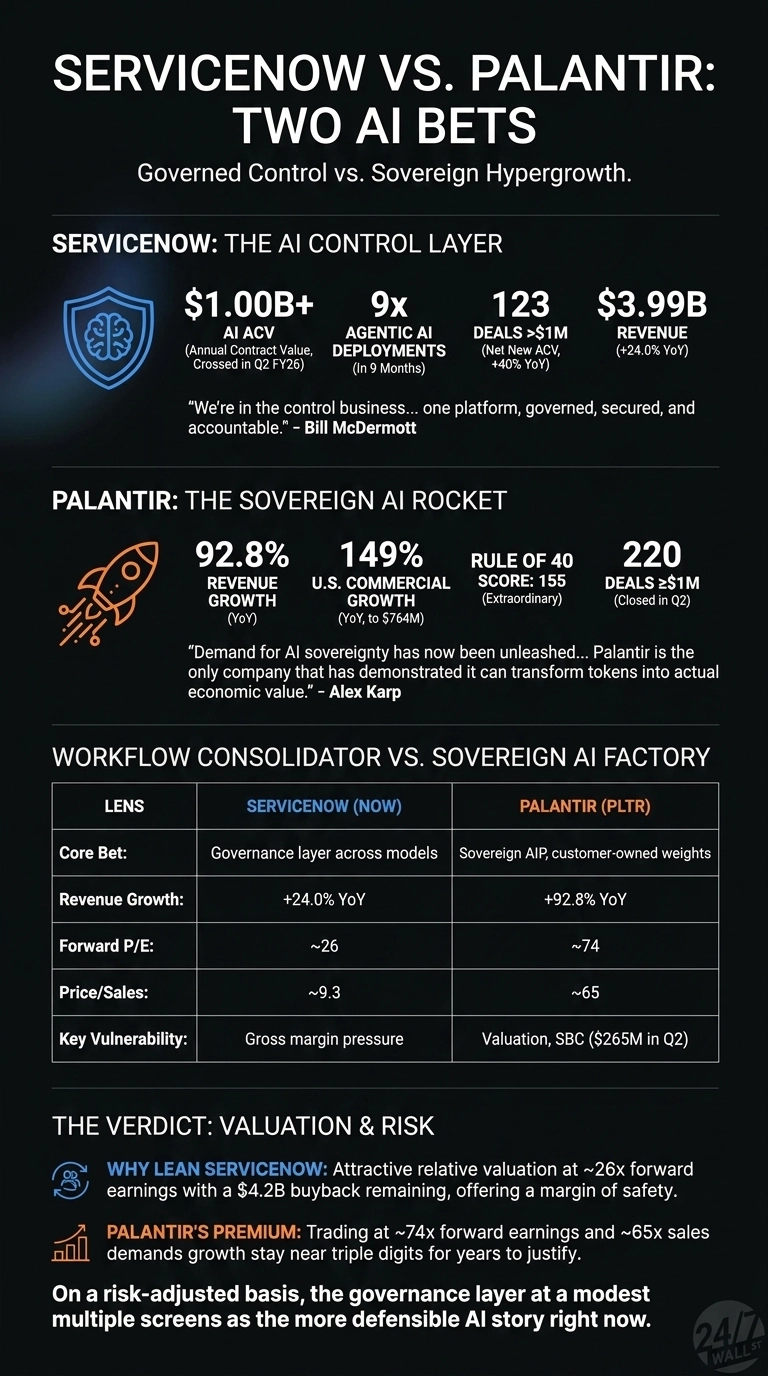 An infographic titled 'ServiceNow vs. Palantir: Two AI Bets' on a dark gray background. The infographic is divided into four main sections. The first section, 'ServiceNow: The AI Control Layer,' features a blue shield icon with a brain and lists metrics like '$1.00B+ AI ACV' and '$3.99B REVENUE (+24.0% YoY),' alongside a quote from Bill McDermott. The second section, 'Palantir: The Sovereign AI Rocket,' shows an orange rocket icon and lists '92.8% REVENUE GROWTH (YoY)' and '149% U.S. COMMERCIAL GROWTH,' with a quote from Alex Karp. The third section is a table titled 'Workflow Consolidator vs. Sovereign AI Factory,' comparing ServiceNow (NOW) and Palantir (PLTR) across categories such as 'Core Bet,' 'Revenue Growth,' 'Forward P/E,' 'Price/Sales,' and 'Key Vulnerability.' The fourth and final section, 'The Verdict: Valuation & Risk,' uses a blue icon with people to describe why to 'Lean ServiceNow' and an orange bar chart icon to explain 'Palantir's Premium,' concluding that ServiceNow's governance layer offers a more defensible AI story.