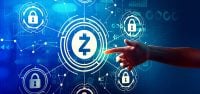 Zcash cryptocurrency security theme with hand pressing a button on a technology screen