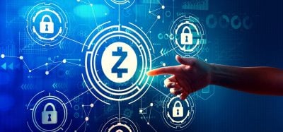 Zcash cryptocurrency security theme with hand pressing a button on a technology screen