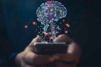 Hand use mobile phone and human head with line brain network technology for global.Data in the global computer social.Digital data,ai,science.Vector Technology background and Artificial intelligence.