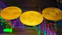 Candle stick graph chart and digital background.Golden coin with icon letter bitcoin, ethereum, Solana or blockchain technology