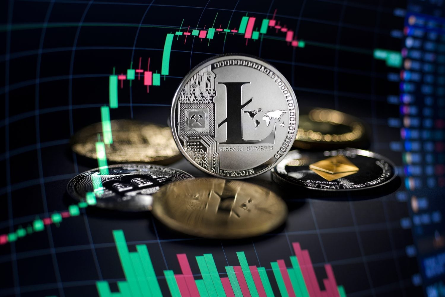 Litecoin cryptocurrency investing concept with graph. Bitcoin and Litecoin cryptocurrency coins symbol. Trading on the cryptocurrency exchange. Trends in lite coin and bitcoin exchange rates. Rise and