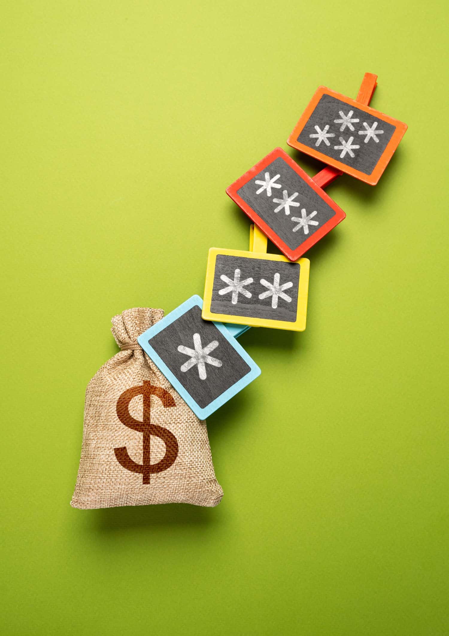 Dollar money bag and stars of terms and conditions. Hidden fees, interest rates and stiff penalties for violating rules. High costs and unfavorable terms. Unfair taxes and fees. Financial illiteracy.