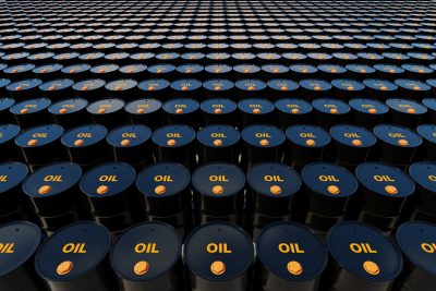 Million barrels of crude oil, fossil fuel petroleum and gasoline drums. 3D Rendering