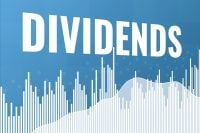 Word Dividends on blue finance background. 3D render