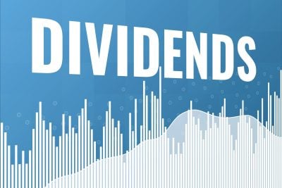 Word Dividends on blue finance background. 3D render