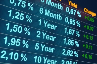 Increased bond yield and interest rates. Durations for bonds, yield and saving accounts on the screen. Finance, bond trading and stock exchange concept. 3D illustration