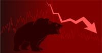 Bear or bearish market trend in crypto currency or stocks. Trade exchange background, down arrow graph for decrease in rates. Cryptocurrency price chart blockchain technology. Global economy crash.