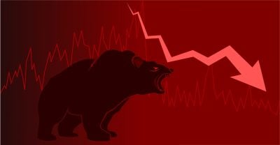Bear or bearish market trend in crypto currency or stocks. Trade exchange background, down arrow graph for decrease in rates. Cryptocurrency price chart blockchain technology. Global economy crash.