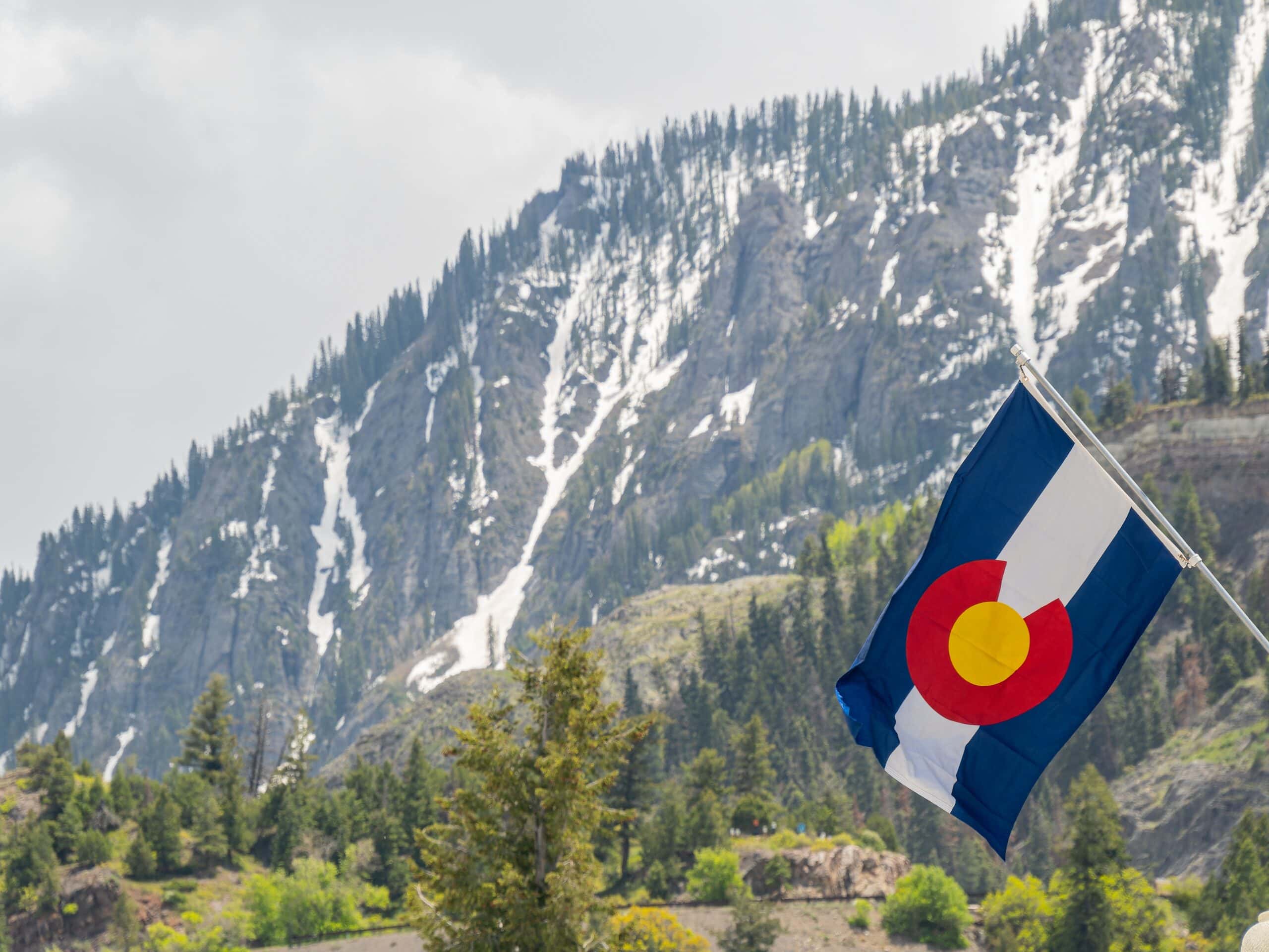 Close up shot of Colorado flag in Ouray at Colorado