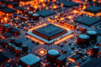 Microchip close-up with beautiful light. Puce électronique, processeur en gros plan avec une belle lumière.