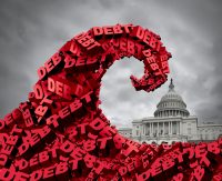 US Debt Danger as the American economy in crisis or financial trouble due to spending with a fear of ballooning deficit in the United States economic huge risk with 3D illustration elements.