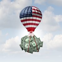 Ballooning US Debt and soaring United States financial borrowing costs due to American government spending or overspending and federal budget as a Washington deficit policy as a 3D illustration.