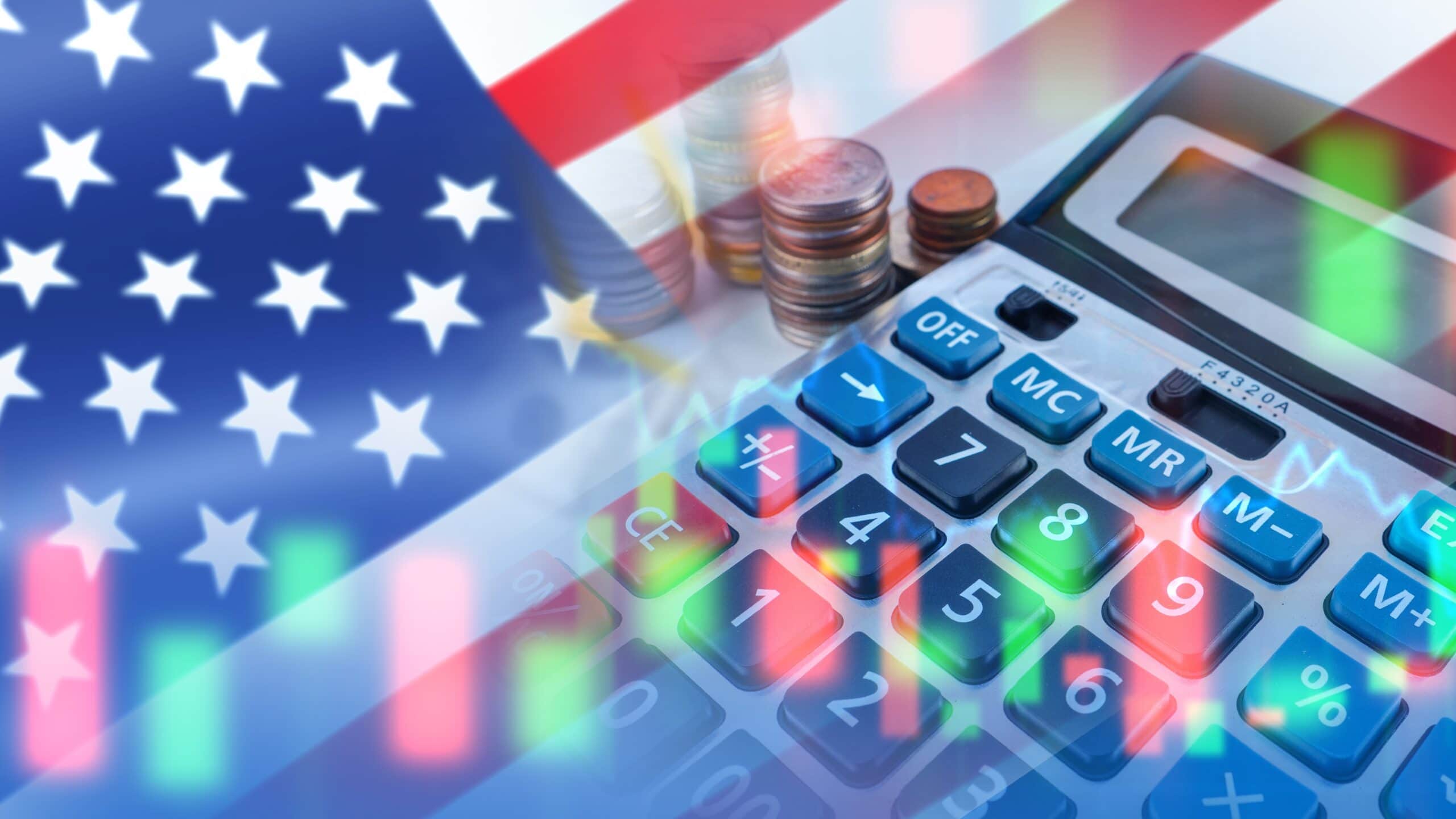 Accounting in USA. Calculator for calculating taxes. Coins near American flag. Investment accounting in USA. Financial analysis charts. Economic audit of US companies. USA businessman calculator