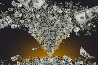 Typhoon of hundreds usd dollars banknotes. Money wallpaper background with US dollar bills tornado, whirlwind of dollars hurricane. Flying, levitating american cash.
