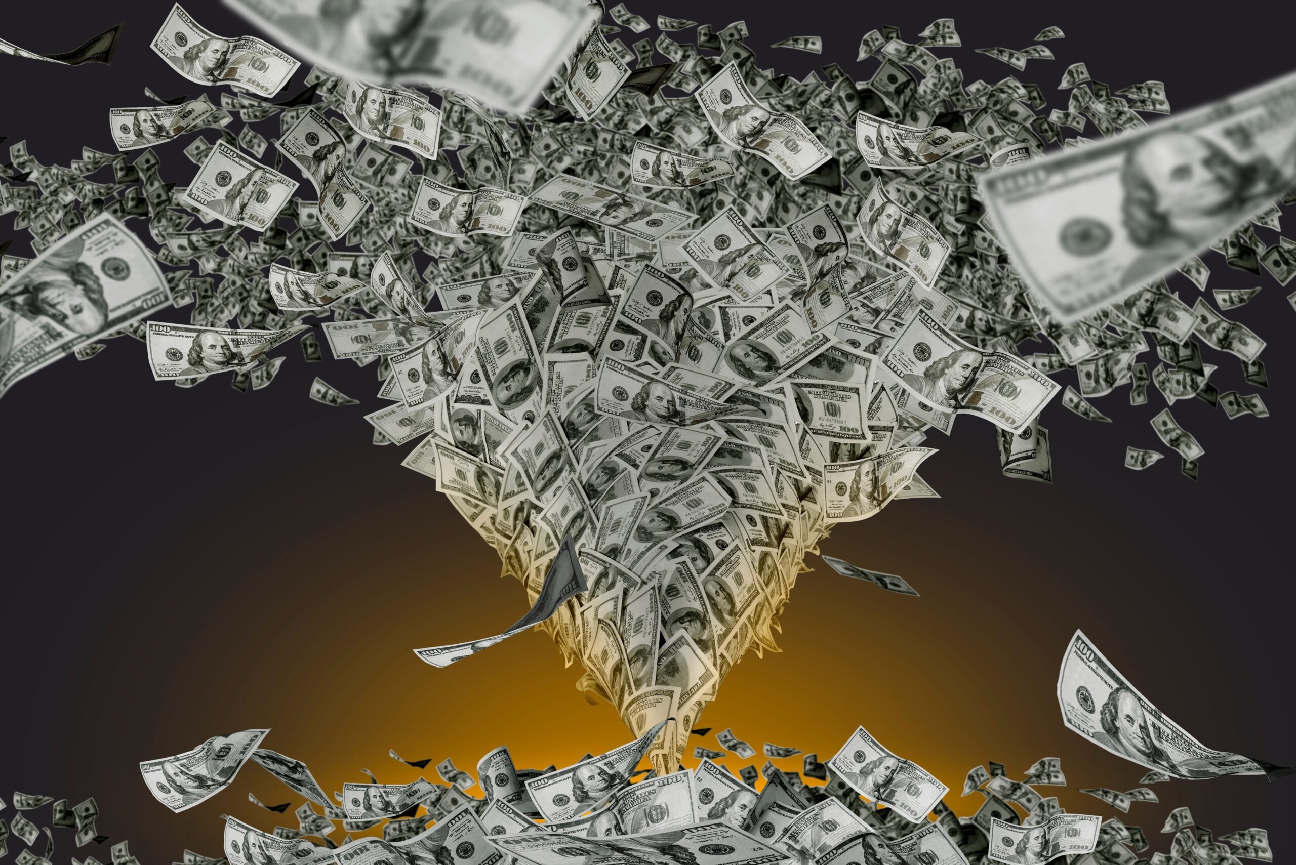 Typhoon of hundreds usd dollars banknotes. Money wallpaper background with US dollar bills tornado, whirlwind of dollars hurricane. Flying, levitating american cash.