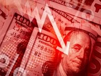 Down stock market, dollar weakens, business financial, inflation, online Investment concept. Fall arrow stock graph data with percentage icon on American dollars cash bill banknote, red background.
