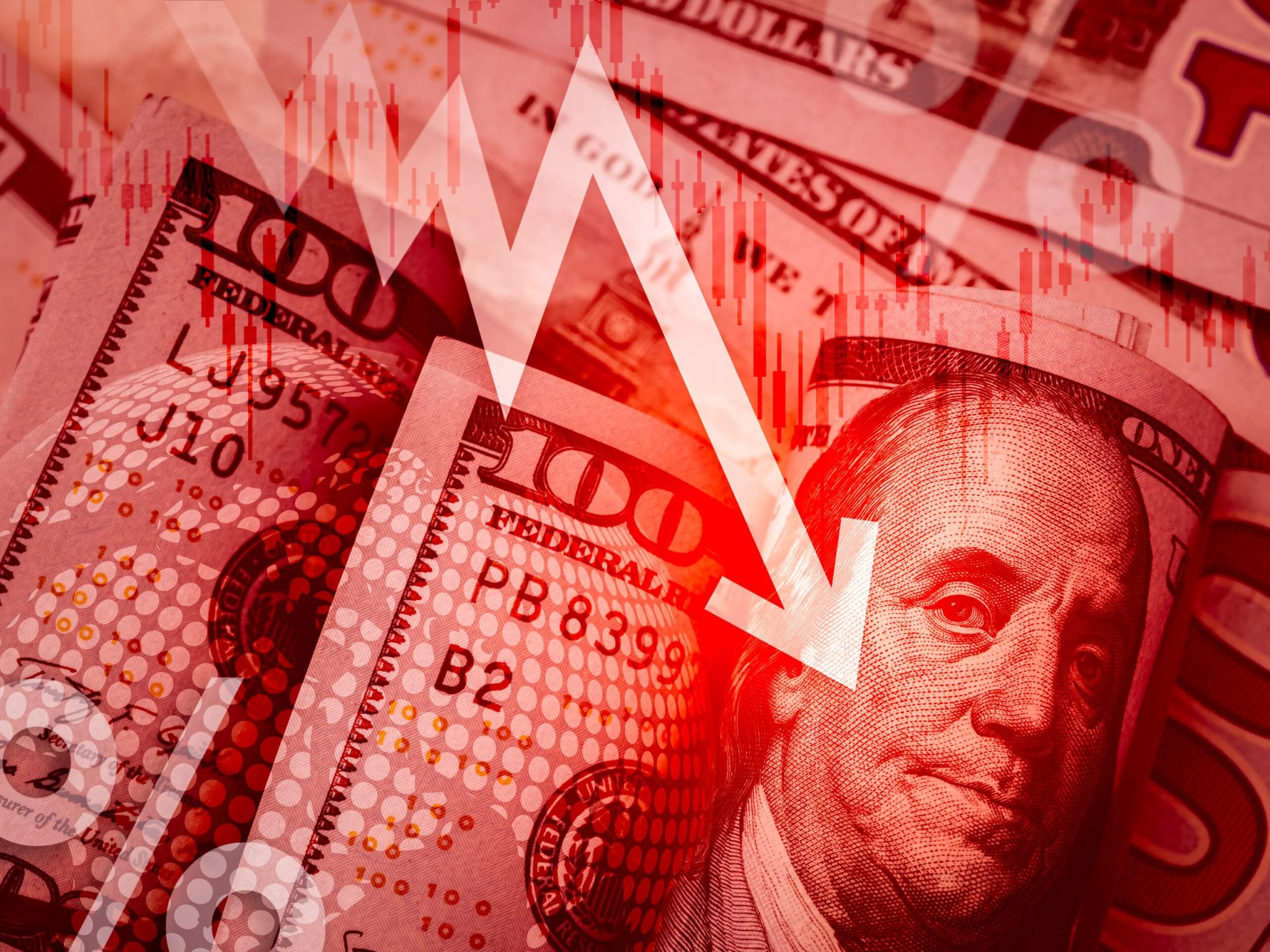 Down stock market, dollar weakens, business financial, inflation, online Investment concept. Fall arrow stock graph data with percentage icon on American dollar
