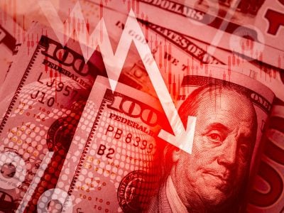 Down stock market, dollar weakens, business financial, inflation, online Investment concept. Fall arrow stock graph data with percentage icon on American dollars cash bill banknote, red background.