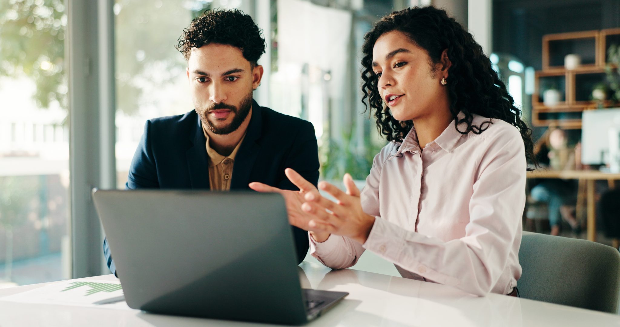 People, talk and meeting with laptop in office for finance report, ideas and investment pitch. Staff, explain and document with team for profit growth, revenue 