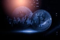 Modern way of exchange. Bitcoin is convenient payment in global economy market. Virtual digital currency and financial investment trade concept. Abstract cryptocurrency with gold bitcoin background.