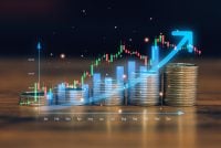 Financial growth concept with stacked coins and rising stock market chart, business investment success, economic recovery, wealth management, and long term financial planning strategy.