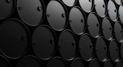 Black oil drums in rows, industrial and energy concept background 3D render