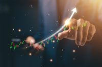 Financial growth and trading analysis concept with candlestick chart and rising arrow, illustrating investment performance, market trends, profit opportunities, business success.