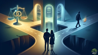 An illustration depicting a couple standing at a crossroads, looking towards multiple paths. One path leads to three glowing arches labeled SPHD, GOVT, and RDVY. To the left, another path features a glowing scale with wedding rings, symbolizing marital and legal decisions, with a deep chasm below. To the right, a lone man walks away, dropping a gold coin, with another chasm indicating financial risk. The scene is brightly lit with golden and blue hues, contrasting with the dark chasms.