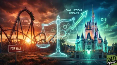 A dramatic image featuring a red rollercoaster and a 'FOR SALE' sign on the left under an orange, stormy sky, representing Six Flags. On the right, Cinderella's Castle stands under a clear blue sky, representing Disney. A prominent, glowing cyan digital scale with embedded gears and financial graphs sits in the center, balancing the two scenes. Above the scale, 'VALUATION IMPACT' is written with an upward arrow. Other text includes 'FUN', 'PRIVATE' on the left and 'DIS', 'BENCHMARK' on the right. The '24/7 WALL ST' logo is in the bottom right corner.