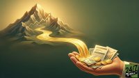 A digital illustration showing a golden river flowing from a mountain with a stock chart into an open hand holding cash and coins.
