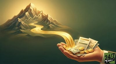A digital illustration showing a golden river flowing from a mountain with a stock chart into an open hand holding cash and coins.