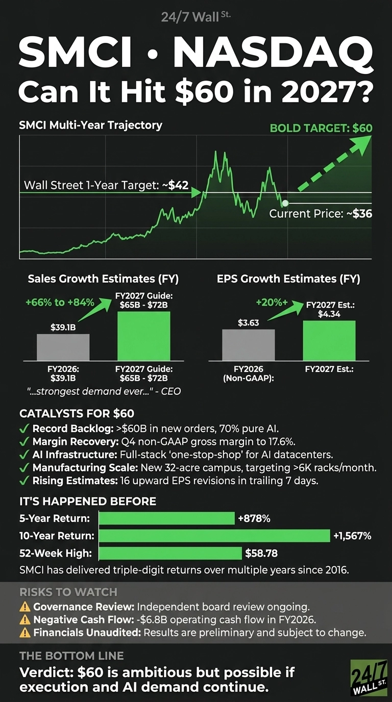 An infographic titled 'SMCI NASDAQ: Can It Hit $60 in 2027?' on a dark background. The top features a green line graph showing SMCI's multi-year stock trajectory, with a 'Wall Street 1-Year Target: ~$42', a 'Current Price: ~$36', and a 'BOLD TARGET: $60' indicated by an upward green arrow. Below are two bar charts: 'Sales Growth Estimates (FY)' showing $39.1B for FY2026 and a guide of $65B - $72B for FY2027 (indicating +66% to +84% growth), and 'EPS Growth Estimates (FY)' showing $3.63 for FY2026 and an estimated $4.34 for FY2027 (indicating +20%+ growth). A section lists 'CATALYSTS FOR $60' with five bullet points, including record backlog and margin recovery. Another section, 'IT'S HAPPENED BEFORE', displays green bar charts for '5-Year Return: +878%', '10-Year Return: +1,567%', and '52-Week High: $58.78'. 'RISKS TO WATCH' are listed with three warning signs: Governance Review, Negative Cash Flow (-$6.8B operating cash flow in FY2026), and Financials Unaudited. The infographic concludes with 'THE BOTTOM LINE' verdict: '$60 is ambitious but possible if execution and AI demand continue.' The logo '24/7 Wall St.' is in the top right and bottom right.