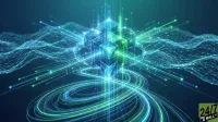 A vibrant digital abstract image showing a central cloud-like structure composed of interconnected blue and green glowing geometric cubes. Bright streaks of light, representing data flows, emanate from and swirl around the central structure in a dynamic, circular pattern, extending into the foreground. In the background, undulating wireframe landscapes of blue nodes and lines suggest a network or data infrastructure. The overall color scheme is deep blues and greens, creating a sense of advanced technology and interconnectedness. The bottom right corner features a green and black logo that reads '24/7 WALL ST'.