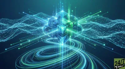 A vibrant digital abstract image showing a central cloud-like structure composed of interconnected blue and green glowing geometric cubes. Bright streaks of light, representing data flows, emanate from and swirl around the central structure in a dynamic, circular pattern, extending into the foreground. In the background, undulating wireframe landscapes of blue nodes and lines suggest a network or data infrastructure. The overall color scheme is deep blues and greens, creating a sense of advanced technology and interconnectedness. The bottom right corner features a green and black logo that reads '24/7 WALL ST'.