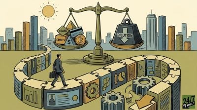 A digital illustration of a businessman walking a puzzle-piece path toward a balance scale where a heavy weight labeled Dilution outweighs various financial assets.