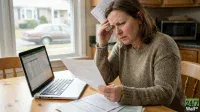 A distressed woman in a brown knitted sweater sits at a wooden kitchen table, intently looking at papers in her hands. To her left, an open laptop displays a green-and-white spreadsheet. Additional papers are scattered on the table, and in the background, a window reveals a house and a car outside, while kitchen cabinets and a microwave are visible behind her.