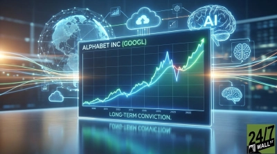 A glowing digital screen displays a stock chart for 'ALPHABET INC (GOOGL)' showing an upward trend from 2008 to 2022. Below the chart, the text 'LONG-TERM CONVICTION.' is prominently featured. The background includes a glowing blue networked globe, cloud icons, and stylized brains labeled 'AI,' all interconnected by light trails on a reflective surface. A '24/7 WALL ST' logo is visible in the bottom right corner.