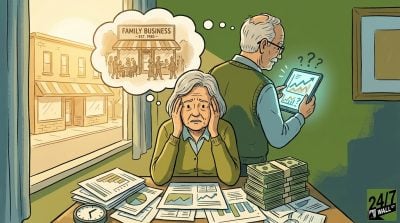 An elderly couple looks stressed and overwhelmed while surrounded by stacks of money and financial documents, with a thought bubble of their former storefront.