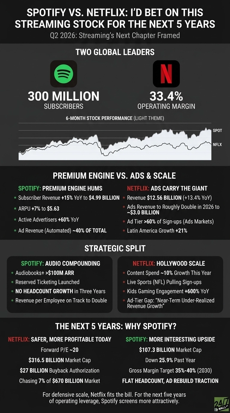An infographic titled 'Spotify vs. Netflix: I'd Bet on This Streaming Stock For The Next 5 Years, Q2 2026: Streaming's Next Chapter Framed.' It is presented on a dark grey background with green and red accents. It features sections: 'Two Global Leaders' showing Spotify with 300 Million Subscribers and Netflix with 33.4% Operating Margin, each with their logo. Below this is a '6-Month Stock Performance (Light Theme)' line graph showing SPOT and NFLX stock trends. The next section 'Premium Engine vs. Ads & Scale' lists Spotify's Subscriber Revenue +15% YoY to $4.99 Billion, ARPU +7% to $5.63, Active Advertisers +60% YoY, and Ad Revenue (Automated) ~40% of Total. For Netflix, it lists Revenue $12.56 Billion (+13.4% YoY), Ads Revenue to Roughly Double in 2026 to ~$3.0 Billion, Ad Tier >60% of Sign-ups (Ads Markets), and Latin America Growth +21%. The 'Strategic Split' section details Spotify's Audio Compounding with Audiobooks+ >$100M ARR, Reserved Ticketing Launched, NO HEADCOUNT GROWTH in Three Years, and Revenue per Employee on Track to Double. Netflix's Hollywood Scale section lists Content Spend ~10% Growth This Year, Live Sports (NFL) Pulling Sign-ups, Kids Gaming Engagement +600% YoY, and Ad-Tier Gap: 'Near-Term Under-Realized Revenue Growth'. The final section, 'The Next 5 Years: Why Spotify?', compares Netflix (Safer, More Profitable Today) with Forward P/E ~20, $316.5 Billion Market Cap, $27 Billion Buyback Authorization, and Chasing 7% of $670 Billion Market, against Spotify (More Interesting Upside) with $107.3 Billion Market Cap, Down 25.9% Past Year, Gross Margin Target 35%-40% (2030), FLAT HEADCOUNT, AD REBUILD TRACTION. A concluding sentence states: 'For defensive scale, Netflix fits the bill. For the next five years of operating leverage, Spotify screens more attractively.' A '24/7 WALL ST.' logo is in the bottom right corner.