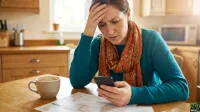 A woman with a furrowed brow, wearing a teal sweater and an orange patterned scarf, looks intently at her smartphone while holding her forehead with her other hand. Papers and a partially consumed cup of coffee are on the wooden table in front of her. The background shows a kitchen with wooden cabinets and a window.