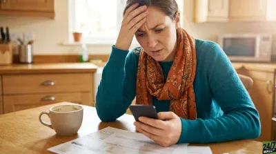 A woman with a furrowed brow, wearing a teal sweater and an orange patterned scarf, looks intently at her smartphone while holding her forehead with her other hand. Papers and a partially consumed cup of coffee are on the wooden table in front of her. The background shows a kitchen with wooden cabinets and a window.