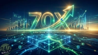 A futuristic digital graphic with a large, glowing '70X' and an upward arrow prominently displayed. Below this, the text 'ARBITRUM (ARB) FORECAST' is visible. The background features a stylized cityscape silhouette with glowing financial bar charts and candlestick graphs. At the bottom, an intricate network of connected nodes and lines represents a digital or blockchain network. The overall color scheme is predominantly blue, green, and yellow, with bright glowing accents.