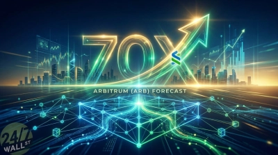 A futuristic digital graphic with a large, glowing '70X' and an upward arrow prominently displayed. Below this, the text 'ARBITRUM (ARB) FORECAST' is visible. The background features a stylized cityscape silhouette with glowing financial bar charts and candlestick graphs. At the bottom, an intricate network of connected nodes and lines represents a digital or blockchain network. The overall color scheme is predominantly blue, green, and yellow, with bright glowing accents.