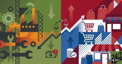 A split illustration comparing industrial manufacturing icons like gears and wrenches on the left with retail icons like shopping carts and storefronts on the right, featuring contrasting trend lines.