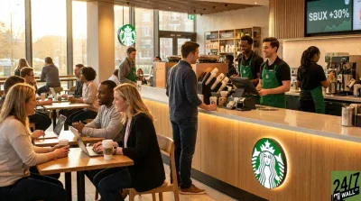 Inside a brightly lit and bustling Starbucks coffee shop. Customers are seated at wooden tables, some using laptops, others conversing, holding coffee cups. Behind a long counter, three Starbucks employees in green aprons are smiling and serving customers. One customer stands at the counter, receiving a drink. A large digital screen in the background displays 'SBUX +30%'. The Starbucks siren logo is visible on the counter and hanging from the ceiling.